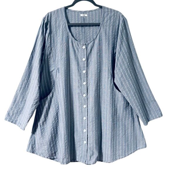 Tulip clothing XL blue white seersucker button front pocket back detail tunic - Picture 8 of 14